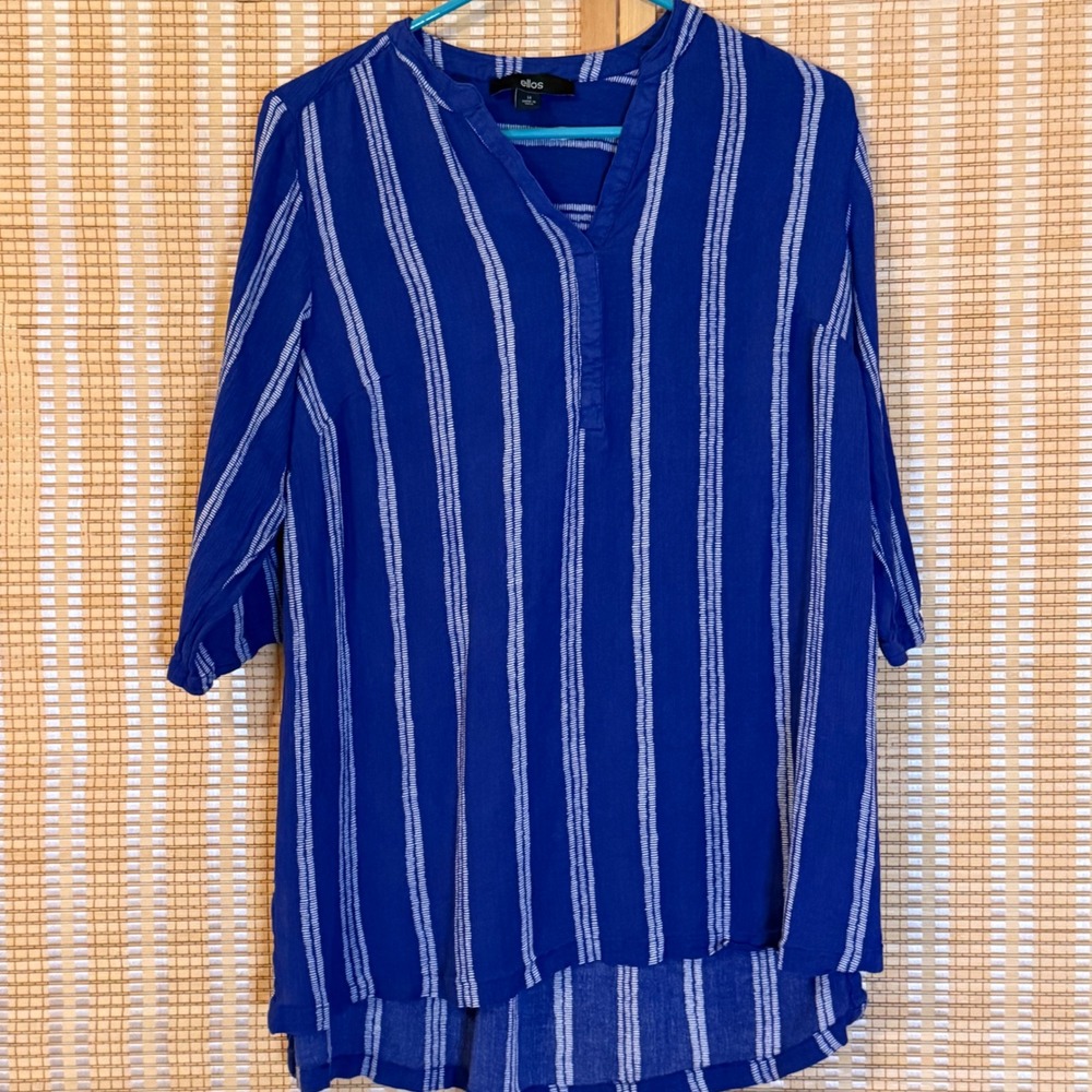 Ellos Womens Blue White Striped Rayon Tunic Blouse Top 14 Cottagecore Bohemian